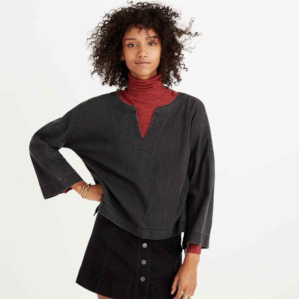 MADEWELL Shirt Womens Small Gray Denim Side Lace Top Sloan Black NWT - Picture 2 of 16
